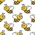 Happy bees seamless pattern. Vector cartoon black and yellow bees with kind eyes.